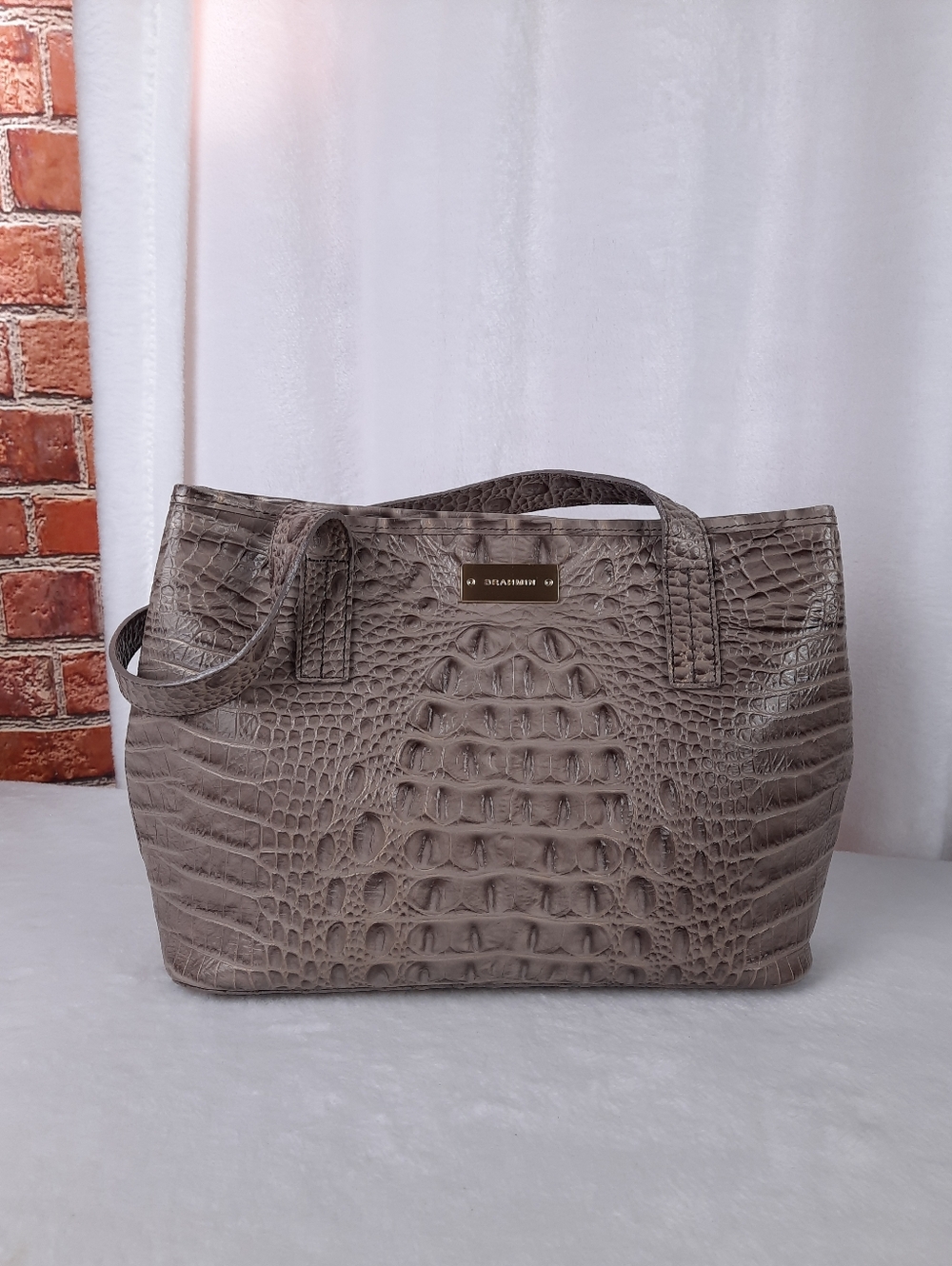 Brahmin Taupe Croc-Embossed Shoulder Bag with Gold Plaque